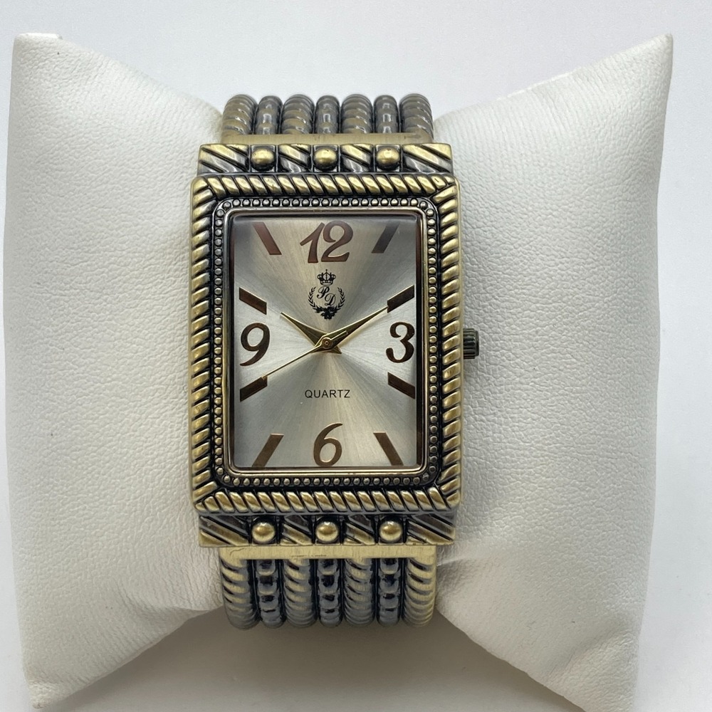 Premier Designs Women's Watch 30mm Brass Tone Tank Cuff New Battery 6.5"